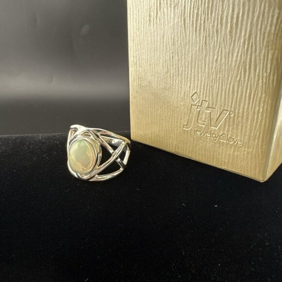 JTV Opal Ring Sterling Silver Cabochon Oval Geometric Modern 925 Size 9 Signed - Picture 1 of 13